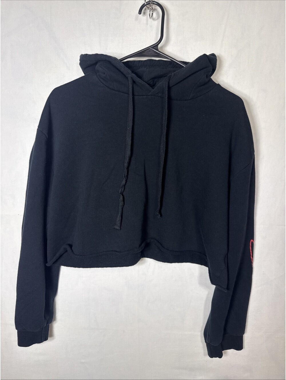 Disney Womens XL Black Cropped Hoodie Mickey Mouse Ears Red Sleeve Script